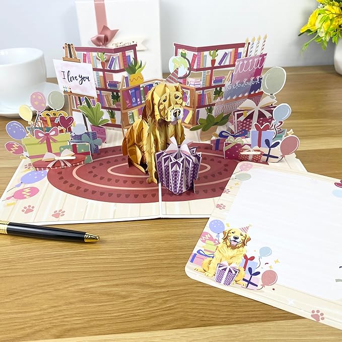 Golden Retriever 3D Pop Up Birthday Card – Cute Dog Card with Envelope, Puppy Gift for Dog Lovers, Women – Funny Pet Lover Birthday Greeting Card