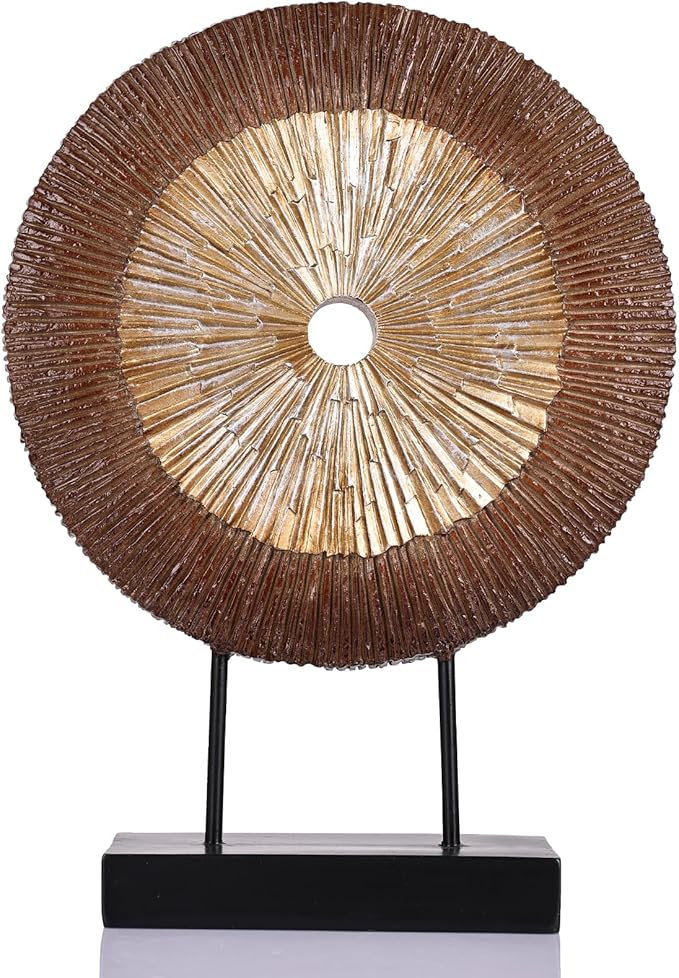 oliruim 12" Tall Abstract Brown Gold Round Sculpture - Unique Wood Color Home Decoration for Above Cupboard Decor, Living Room Coffee Table, Console, Office, Entrance, Table Centerpieces (Brown Gold)
