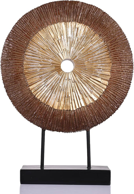 oliruim 12" Tall Abstract Brown Gold Round Sculpture - Unique Wood Color Home Decoration for Above Cupboard Decor, Living Room Coffee Table, Console, Office, Entrance, Table Centerpieces (Brown Gold)
