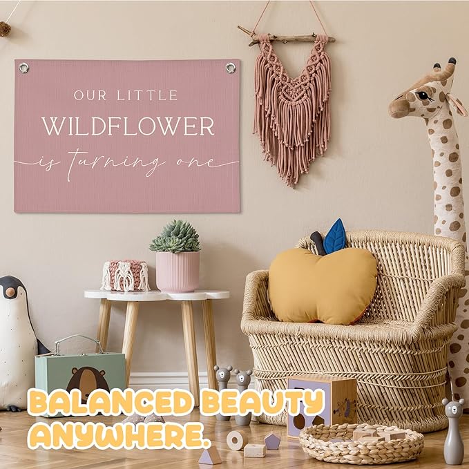 Girl Nursery Decor, Wildflower Nursery Wall Hanging Canvas Banner, Our Little Wildflower Is Turning One Pink Wall Art Decor for Little Girls Toddler Room Bedroom Playroom, 30x20 Inch