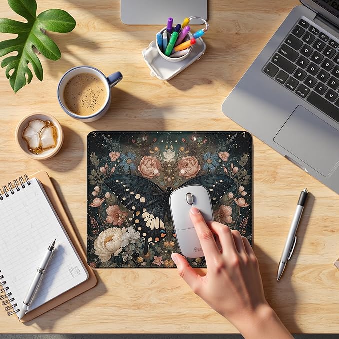 Vintage Moody Floral Butterfly Mouse Pad, Dark Academia Cottagecore Botanical Moth Mousepad for Home Office Dorm Computers Laptop,Aesthetic Gothic Office Supplies Desk Accessories, 9.5x7.9 Inch