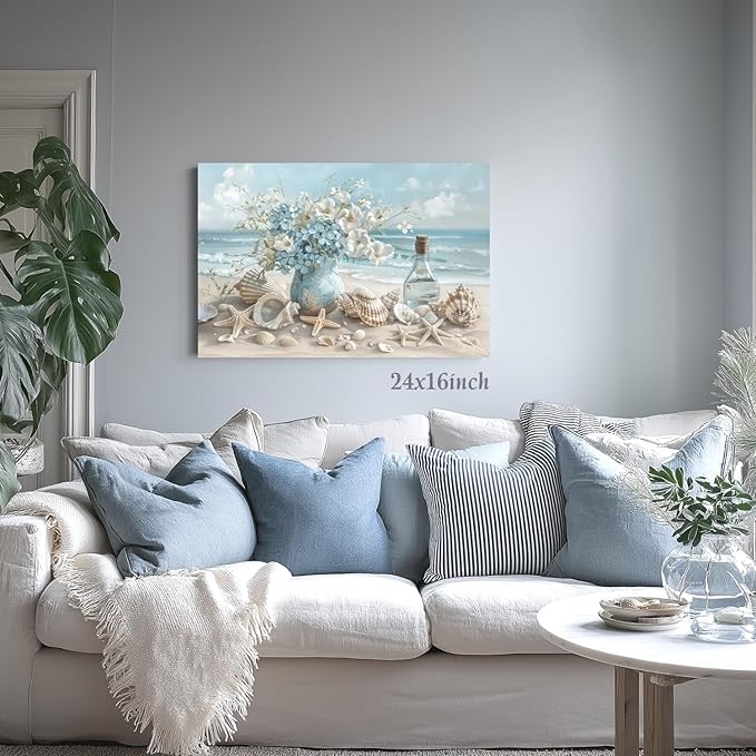 LLEEMPI Framed Coastal Beach Wall Art, Seashell Starfish Ocean Wall Decor, Shell Floral Sea Canvas Print, Blue Sky White Cloud Landscape Poster Print for Bathroom Bedroom Office 16x24 Inch