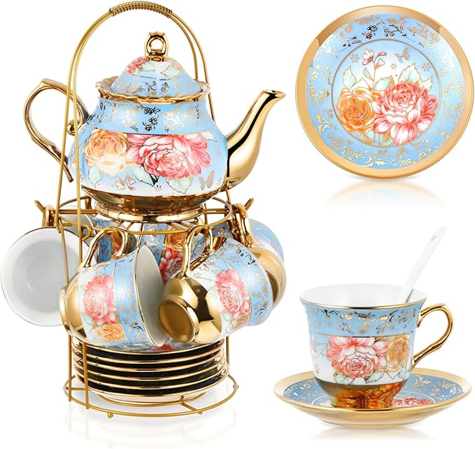 Zhehao 20 Pcs Porcelain Tea Set with Metal Holder and Spoon Adult Ceramic Tea Set European Flower Painting Teapot Cup Saucer Spoon for Women, Large Version(Simplicity Style)