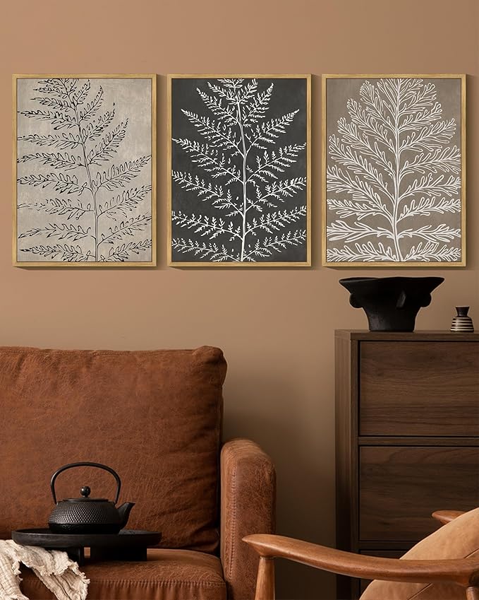 KUVIOKE Vintage Botanical Framed Wall Art Bohemian Tan Plant Leaf Wall Decor Nature Fern Plant Silhouette Wall Painting Home Decor 11x14in (Natural Framed)