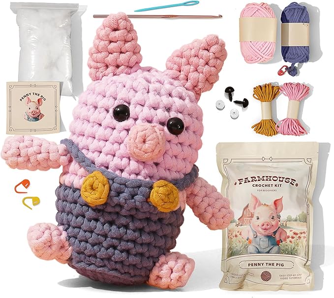 Amigurumi Crochet Kit for Beginners Adults and Kids, Learn to Crochet Kits for Adults Beginner with Easy Yarn, Stuffed Crochet Animal Kit with Step-by-Step Video Tutorials - Penny the Pig