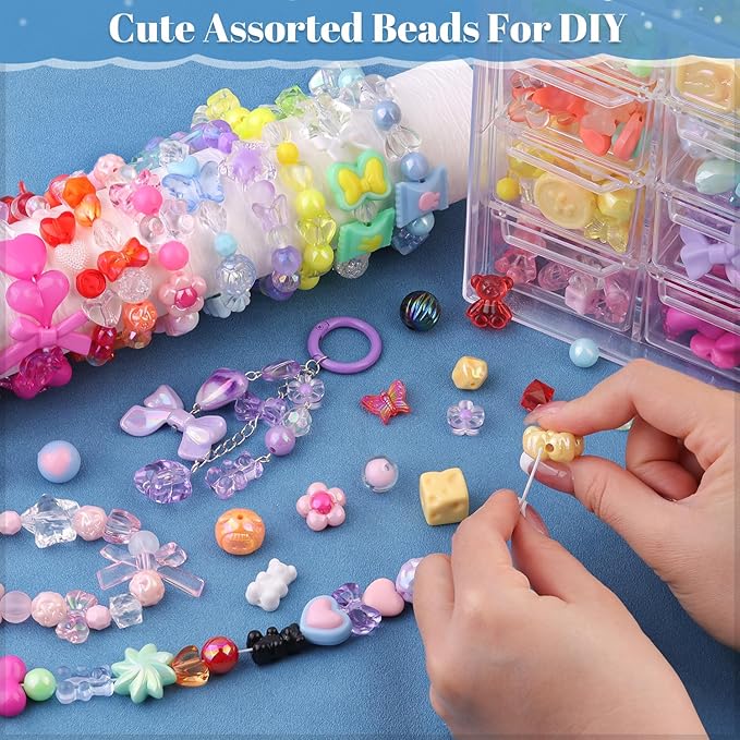 600-650PCS TINKRSTUFF Assorted Acrylic Beads 9 Mixed Colors Cute Beads for Bracelet Making, Bow Aesthetic GummyBear Flower Butterfly Kawaii Charms for Jewelry Making DIY Necklace Keychain Phone Charm