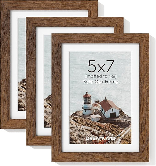 Dreamland 5x7 Picture Frame Set of 3, Solid Oak Wood Photo Frame with Mat for 4x6, 5 x 7 Matted Picture Frames with Resistant Plexiglass for Wall Mounting or Tabletop, Walnut Color