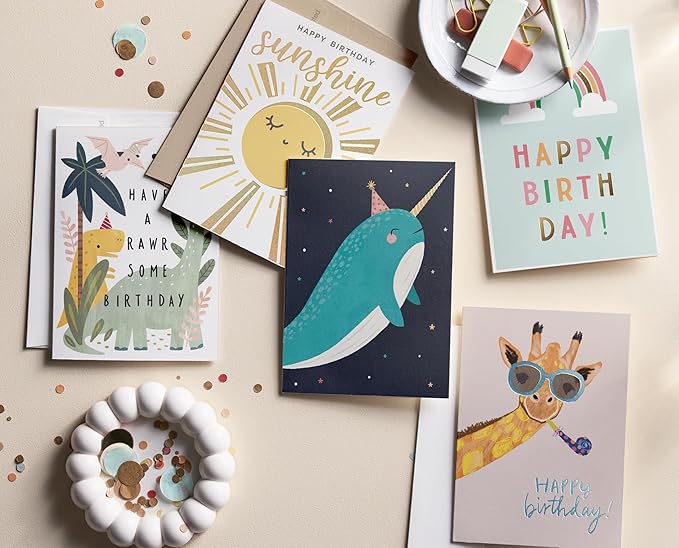 Minted Kids Birthday Cards Pack, Set of 5, Kids Greeting Card Variety Pack, Fun & Cute Folded Greeting Cards With Envelopes, Unique Happy Birthday Stationery Cards, Designed by Independent Artists