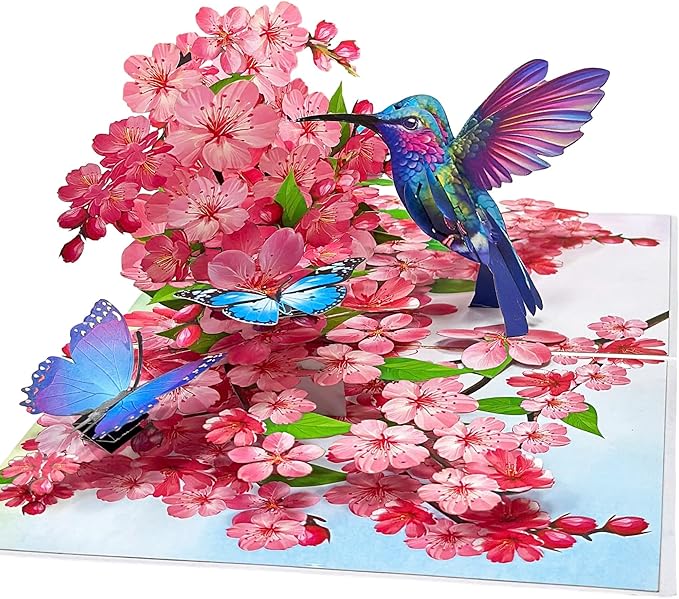 Hummingbird Cherry Blossom Greeting Cards Pop Up 3D Gift for Happy Birthday, Anniversary, Thank you, Blank Notecard, All Occasions Mom Wife Grandma Grand Men Women