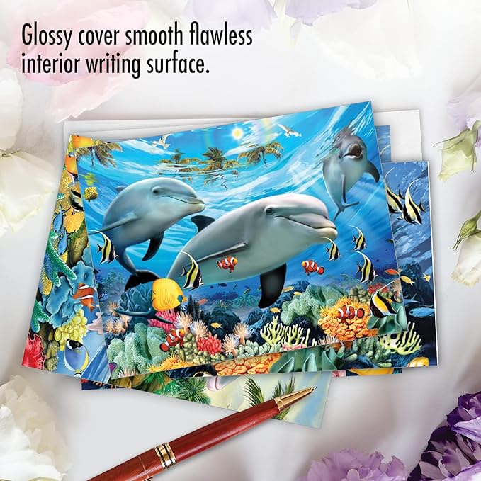The Best Card Company - 10 All Occasion Blank Cards (4 x 5.12 Inch) - Nautical, Ocean, Sea Life Assortment of Notecards - Multi Porpoises M6643OCB