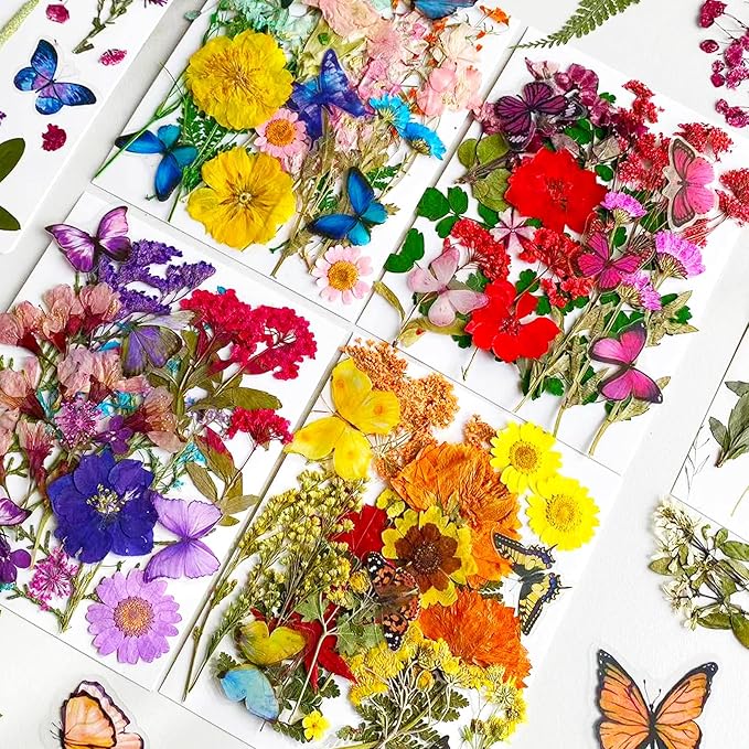 103Pcs Dried Pressed Flowers with Butterfly Stickers for Resin Molds, Real Natural Bulk Dry Floral Leave for DIY Art Crafts, Epoxy Jewelry, Candle, Soap Making, Nails Decors