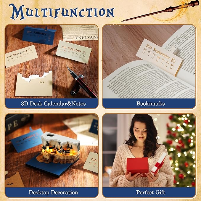 3D Time Piece Calendar 2026, Art Calendar Memo Pad 2026 Mini Desk Magic Castle with Lights, 3D Sticky Note Desktop Tear Off Gift for Christmas Office Decoration