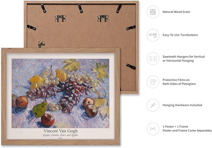 Monem Art Vintage Van Gogh Poster - Retro Grapes Lemons Pears and Apples Print - Impressionism Art - Fruit Art - Fine Art - Classic Painting Art - Great Kitchen Decor - 11x14 Beige Framed