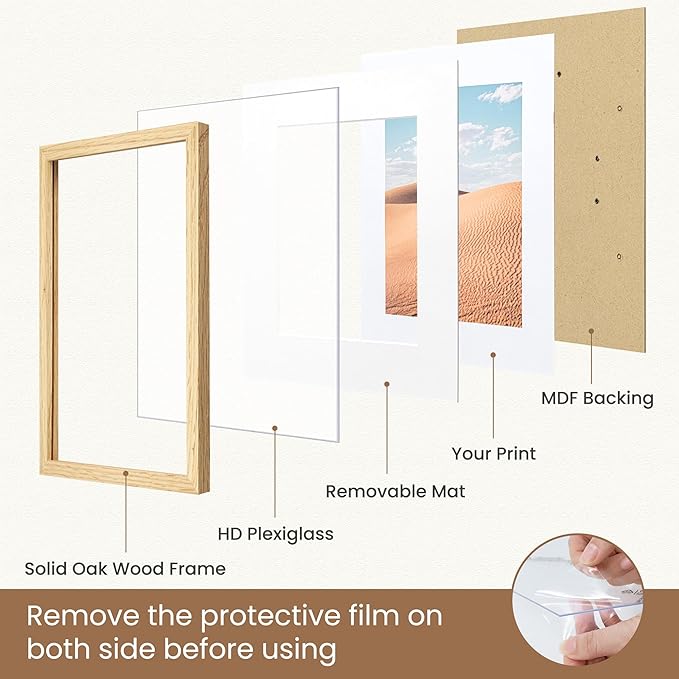 Dreamland Picture Frame 9x12, Solid Oak Wood Photo Frame with Mat for 6x8, 9 x 12 Matted Picture Frames with Resistant Plexiglass for Wall Art Photo and Prints, Oak Color, Set of 1