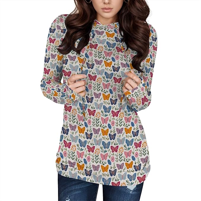 Hooded Sweatshirt Women Fall Butterfly Sweatshirts Lightweight Long Sleeve Pullover Tops Trendy Outfits Plus Size