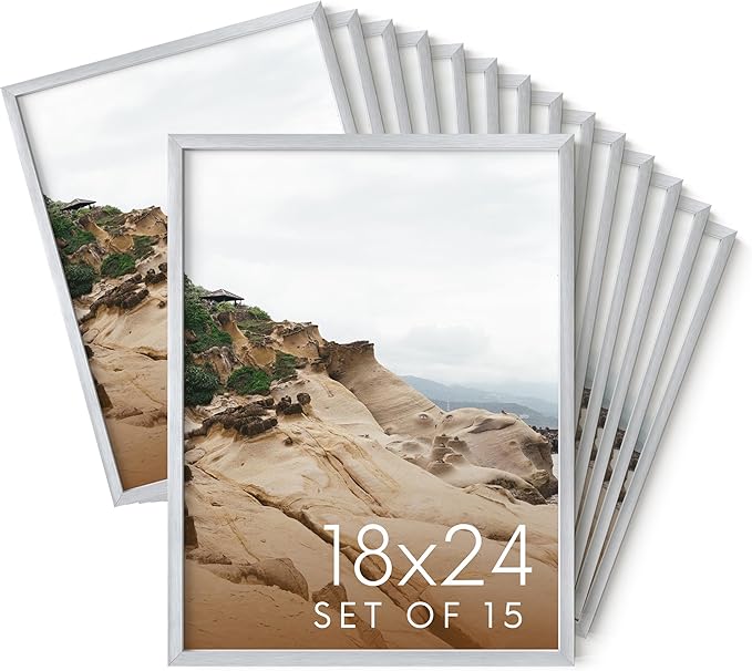 HAUS AND HUES 18x24 Silver Metal Picture Frames - Features Premium Aluminum, Vertical & Horizontal Hang, Shatterproof Plexiglass - Perfect for Home, Room, Office (18x24 in, Silver, Set of 15)