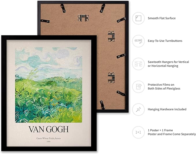 Monem Art Vintage Van Gogh Poster - Retro Impressionist Print - Green Wheat Fields, Auvers, Sky, Leaves, Landscape - Gift for Artist, Friend - Wall Decor for Home, Office, 11x14 Black Framed