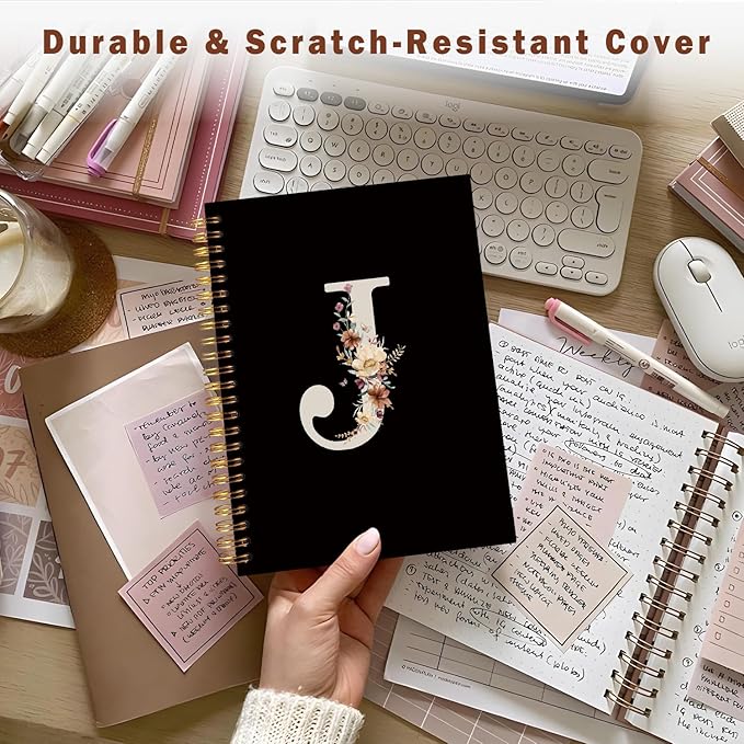 Lacama Black Initial Letter J School Notebook Journal, Cute Wildflower Personalized Spiral Notebook, School Supplies, Customized Monogrammed Gifts, Birthday Gifts for Women, Office Supplies