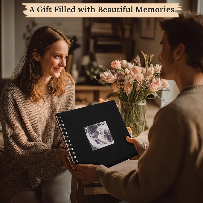 Scrapbook Photo Album Linen Cover, 10 x 10 Inch Hardcover Kraft White Pages Memory Book, for Travel Wedding Guest Book Christmas Baby Shower (40 Sheets/ 80 Pages,Black)