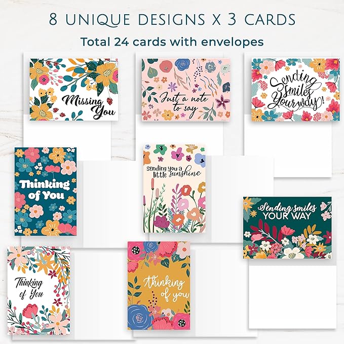 Thinking of You Cards with Envelopes - 24 Gender Neutral Thinking of You Cards with 8 Unique Designs - Unfolded 8.3 x 5.8 Folded 4.1 x 5.8 Greeting Cards Thinking of You (Colorful)