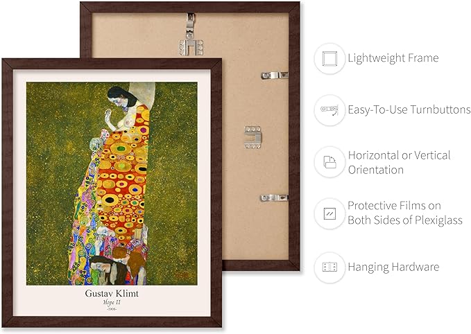 Poster Master Vintage Gustav Klimt Poster - Retro Hope II Print - Art Nouveau - Abstract Art - Symbolism Art - Aesthetic Art - Classic Painting - Colorful Living Room Decor - 8x10 Brown Framed