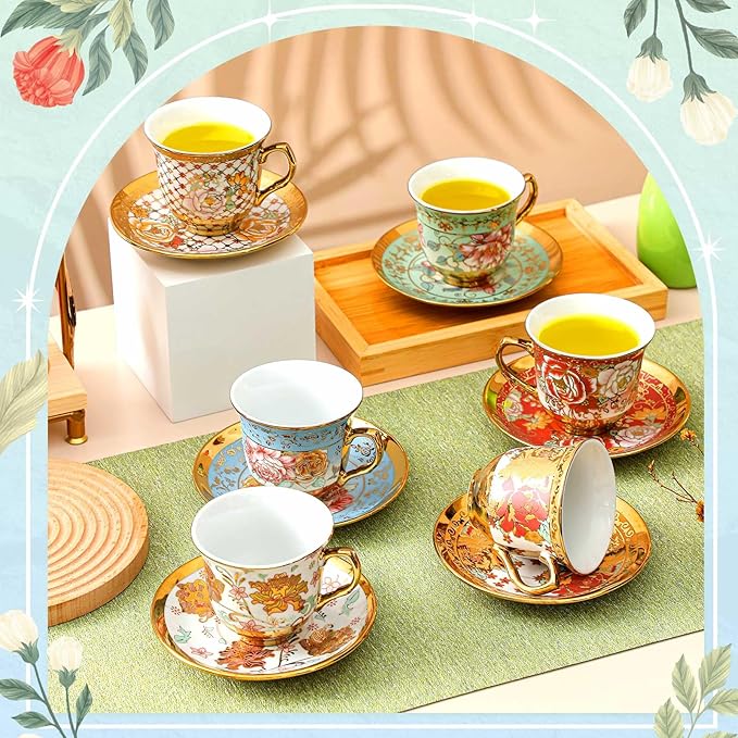 Set of 12 Tea Cups and Saucers Tea Party Decorations Floral Porcelain 5.4 oz British Gift for Women Birthday Party, Church, and Mother's Day (Stylish Style)