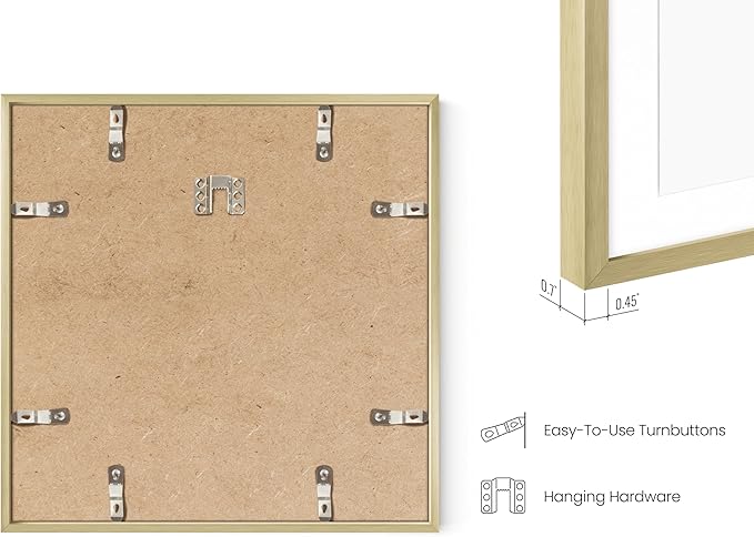 HAUS AND HUES 12x12 Gold Metal Picture Frames Matted to 8x8 - Premium Aluminum with Hanging Hardware, Shatterproof Plexiglass - Ideal for Home or Office (12x12 in, Gold, Set of 4)