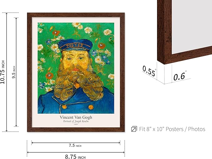Monem Art Vintage Van Gogh Poster - Retro Portrait of the Joseph Roulin Print - Impressionism Art - Postman Art - Fine Art - Classic Painting Art - Living Room Wall Decor - 8x10 Brown Framed