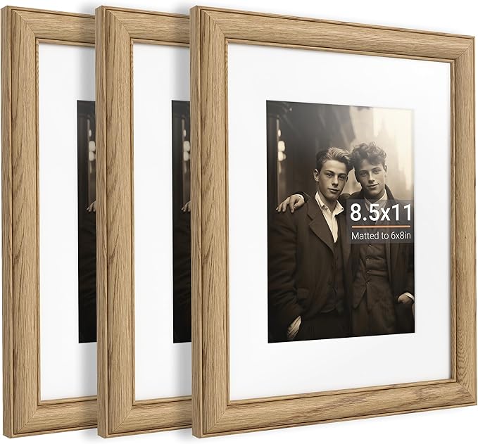 8.5x11 Picture Frame,8.5 x 11 Solid White Oak Photo Frame Matted to 6x8 with Tempered Glass,8.5"x11" Handcrafted Diploma Document Frames Frame Vertical or Horizontal Wall Hanging Display,3 Pack