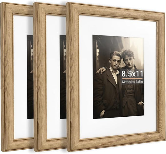 8.5x11 Picture Frame,8.5 x 11 Solid White Oak Photo Frame Matted to 6x8 with Tempered Glass,8.5"x11" Handcrafted Diploma Document Frames Frame Vertical or Horizontal Wall Hanging Display,3 Pack