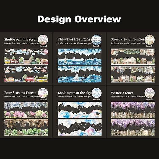 Parallel Scenery PET Tape Set, 6 Rolls Landscape Scrapbook Supplies for Journaling, DIY Crafts, and Planners, Includes Clip
