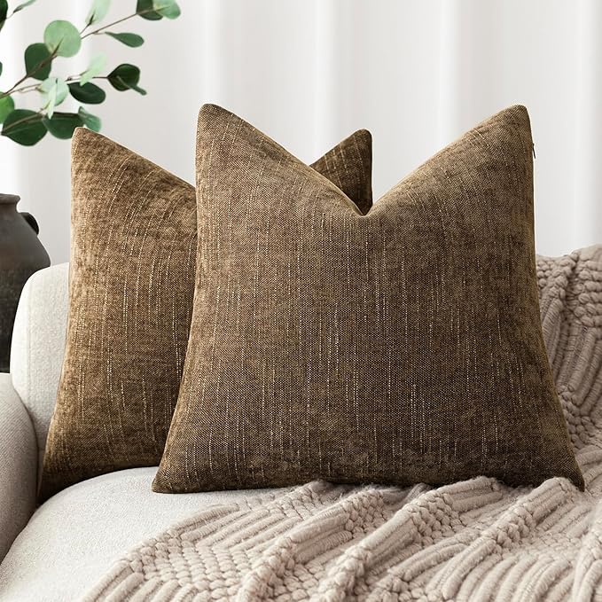 Foindtower Pack of 2 Soft Textured Chenille Throw Decorative Pillow Covers Square Accent Solid Cushion Cover Neutral Farmhouse Pillow Case for Couch Sofa Bedroom Living Room 26x26 Inch,Taupe Brown