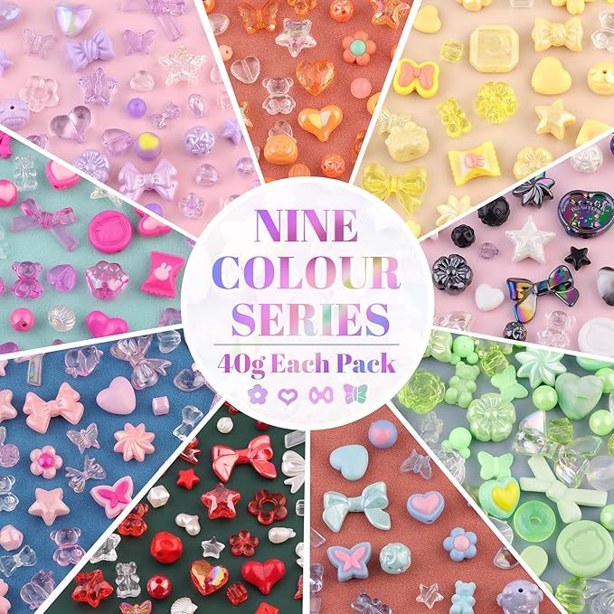 600-650PCS TINKRSTUFF Assorted Acrylic Beads 9 Mixed Colors Cute Beads for Bracelet Making, Bow Aesthetic GummyBear Flower Butterfly Kawaii Charms for Jewelry Making DIY Necklace Keychain Phone Charm