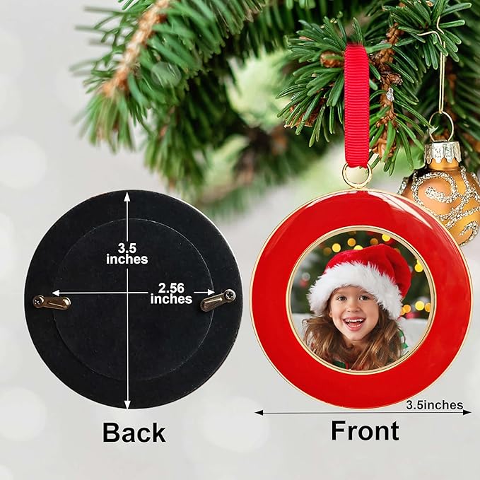 Christmas Picture Frame Ornaments - Set of 4 Red 2.5x2.5 Inch Mini Frames with Red Ribbon, Metal Photo Frames for Christmas Tree Decorations, Holiday Gift for Family & Friends