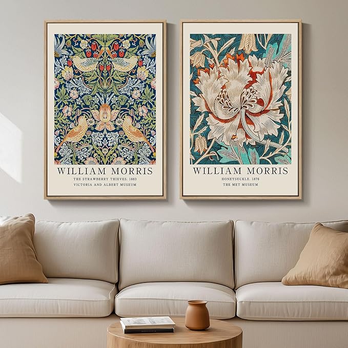 Framed William Morris Canvas Wall Art, Large 2 Pieces Vintage Strawberry Thief Artwork for Walls, Botanical Floral Art Prints for Bedroom, Living Room, Dining Room, Bathroom, Office Wall Decor, 16x24