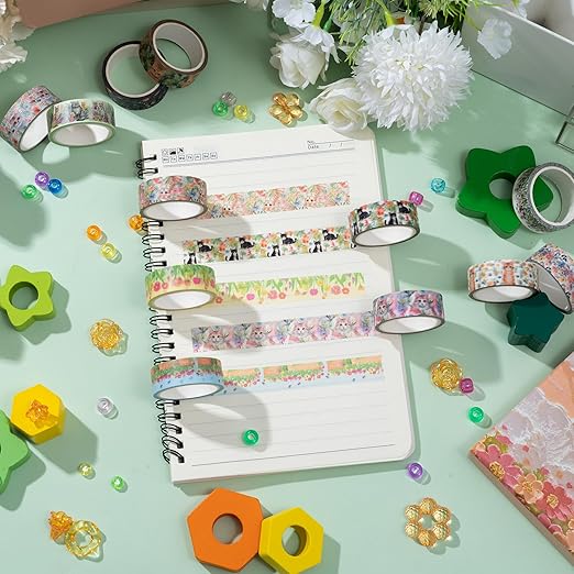 Spring Flower Washi Tape - 12 Rolls Vibrant Cat & Flower Designs, Acid-Free Paper with Residue Free Adhesive for Scrapbooking, Journal Decor, Gift Wrapping, Office Supplies & DIY Crafts