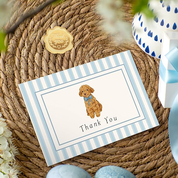 JarThenaAMCS 24 Pack Dog Thank You Cards Greeting Cards Blue Stripe Dog Blank Note Card with Envelopes Stickers for Birthday Baby Shower Party Supplies, 4 x 6 Inch
