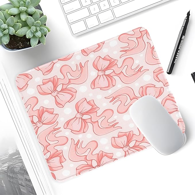 Seorsok Square Abstract Art Pink Bows and White Dots Mouse Mat,Premium Textured Mouse Pads for Office Laptop,Washable Square Mousepads with Extended Stitched Edges Non Slip Rubber Base