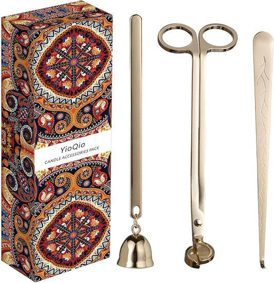3-in-1 Candle Accessory Set - Wick Trimmer, Dipper, Cutter & Snuffer with Gift Package (Gold)