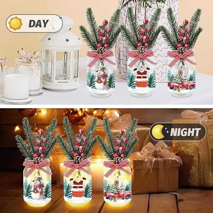 3 Pack Christmas Decorations Mason Jar with Lights for Christmas Table Centerpiece, Lighted Glass Bottles with Artificial Pine Picks Christmas Centerpieces Decor
