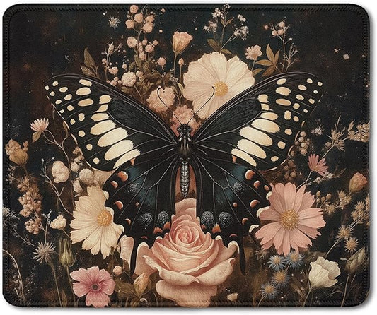 Vintage Moody Floral Butterfly Mouse Pad, Dark Academia Cottagecore Botanical Moth Mousepad for Home Office Dorm Computers Laptop, Gothic Office Supplies Desk Accessories, 9.5x7.9 Inch
