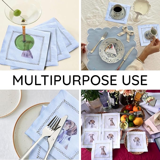 Cocktail Napkins Set of 6, 6x6 inch, 100% Linen, Printed Animal Pattern, Reusable & Washable Cloth Coasters for Beverages, Hosting, Gifting & Everyday Use (Dog)