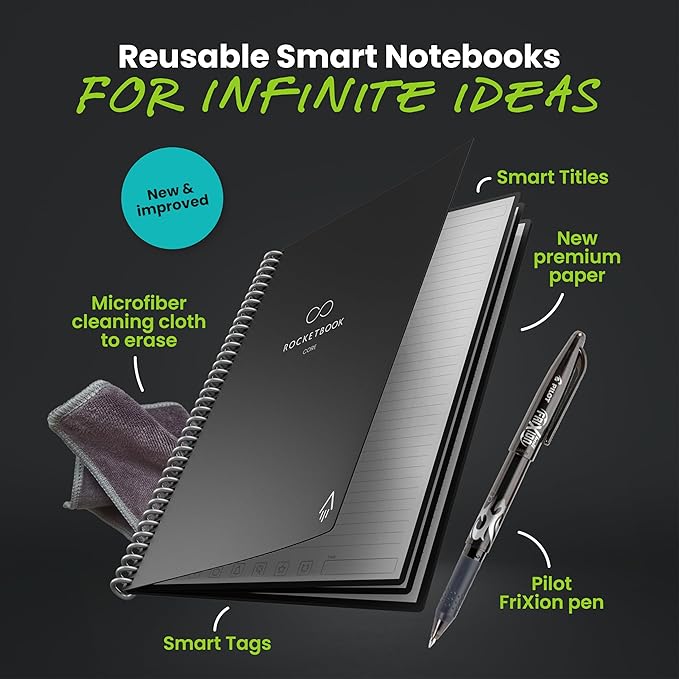 Rocketbook New Core Reusable Spiral Notebook, Letter Size 8.5x11, Black - Lined Pages, App-Connected, Erasable, Durable Cover, Ideal for School, Work, and Creative Projects