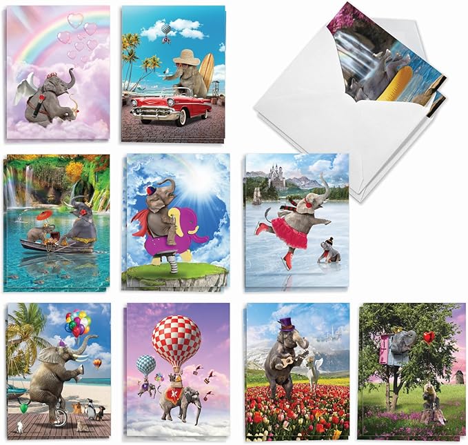 The Best Card Company - 20 Blank Note Cards with Envelopes (4 x 5.12 Inch) - All Occasion Animal Card Assortment (10 Designs, 2 Each) - Elefantasy Fun AM9617OCB-B2x10