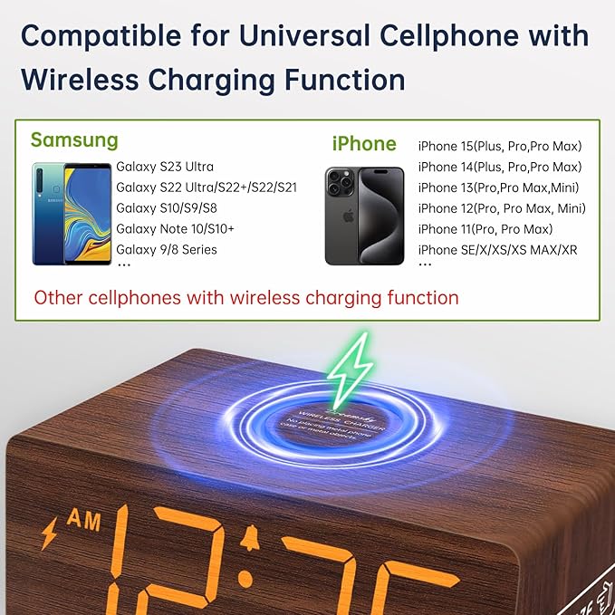 DreamSky Wooden Digital Alarm Clock with Wireless Charging for Bedroom, Bedside Nightstand Clock with Charger Station, USB Port, Large Numbers, Adjustable Volume, Brightness Dimmer, DST