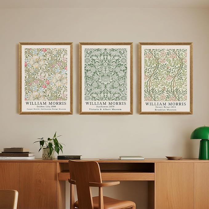 SYWENNOI 3 Pieces Wood Frames Vintage Floral Canvas Wall Art, William Morris Textured Art Wall Decor, Sweet Briar Sunflower Golden Lily Botanical Designs Prints for Living Room Bedroom Offices 12x16