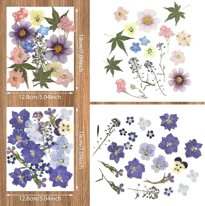 Nuanchu Dried Pressed Flowers for Crafts Resin Pressed Flowers Bulk Purple Dried Wildflowers Leave Natural with Tweezer DIY Christmas Crafts Supplies for Resin Mold Scrapbooking Nail Soap Making