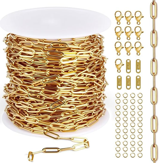 16.4Ft Paperclip Chains Rolls, Charm Necklace Chain 3.2mm Width，18K Gold Necklace Chain for Jewelry Making，Plated Charm Bracelet Making kit with 10 Lobster Clasps and 60 Jump Rings