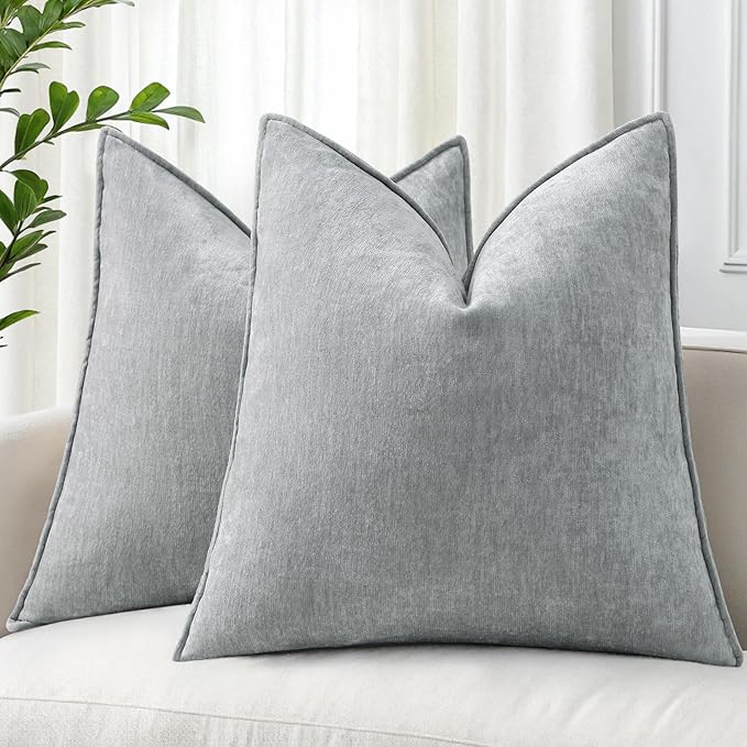 decorUhome Spring Couch Throw Pillow Covers 16x16 Set of 2, Decorative Soft Velvet Neutral Chenille Pillow Covers with Elegant Design for Sofa Bed Living Room Home Decor, Ultimate Gray