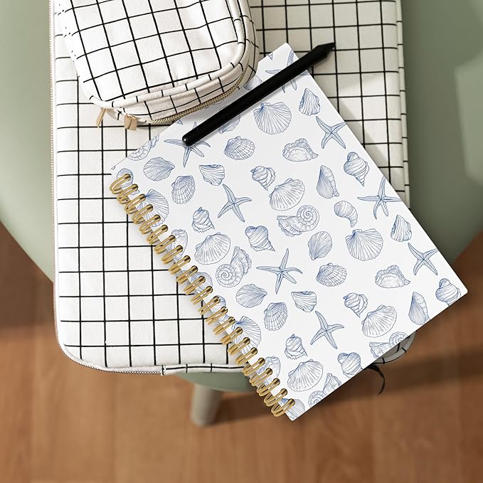 Vintage Ocean Blue Coast Notebook, Summer Seashell Starfish Journal Notebooks for Girls Women, Trendy Coastal Coquette Stuff Planner School Supplies Hardcover Spiral Notebook 5.5x8.3 Inch